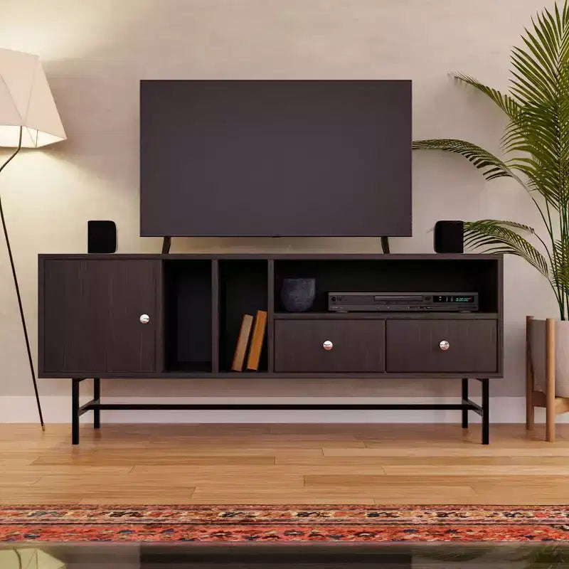 LeisureMod Rochester TV Stand with Wood Frame, Enclosed Storage, and Black Iron Legs  Media Console, Living Room, Modern Entertainment Center