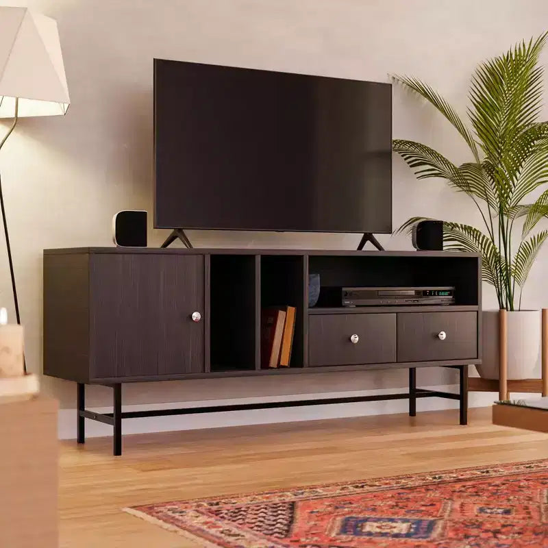 LeisureMod Rochester TV Stand with Wood Frame, Enclosed Storage, and Black Iron Legs  Media Console, Living Room, Modern Entertainment Center