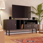 LeisureMod Rochester TV Stand with Wood Frame, Enclosed Storage, and Black Iron Legs  Media Console, Living Room, Modern Entertainment Center