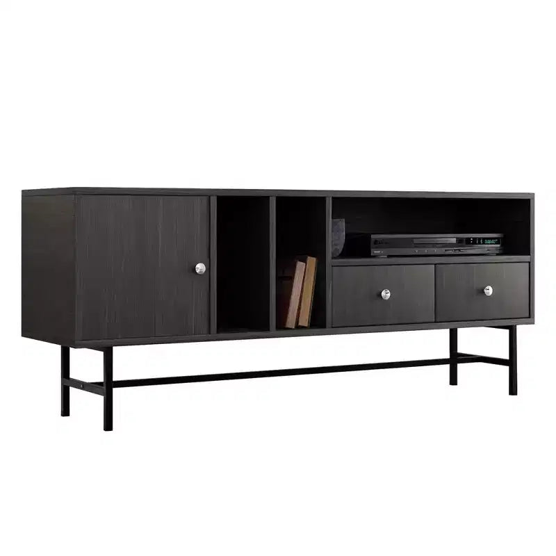 LeisureMod Rochester TV Stand with Wood Frame, Enclosed Storage, and Black Iron Legs  Media Console, Living Room, Modern Entertainment Center