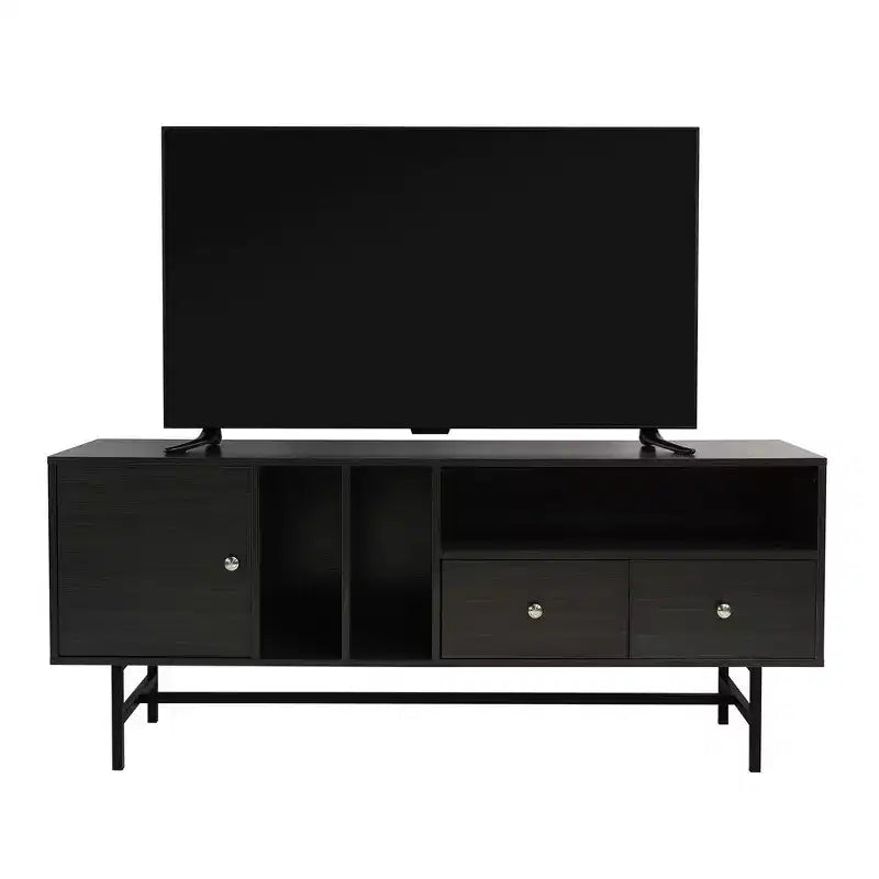 LeisureMod Rochester TV Stand with Wood Frame, Enclosed Storage, and Black Iron Legs  Media Console, Living Room, Modern Entertainment Center