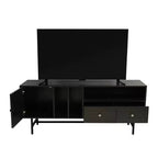 LeisureMod Rochester TV Stand with Wood Frame, Enclosed Storage, and Black Iron Legs  Media Console, Living Room, Modern Entertainment Center