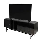 LeisureMod Rochester TV Stand with Wood Frame, Enclosed Storage, and Black Iron Legs  Media Console, Living Room, Modern Entertainment Center