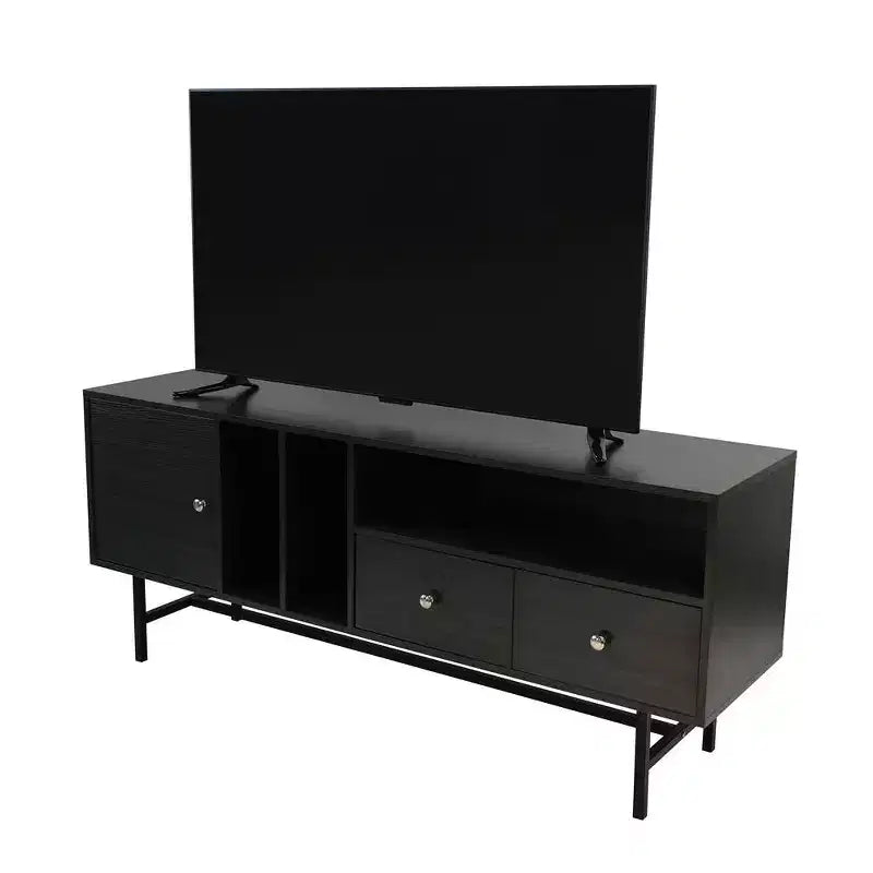 LeisureMod Rochester TV Stand with Wood Frame, Enclosed Storage, and Black Iron Legs  Media Console, Living Room, Modern Entertainment Center