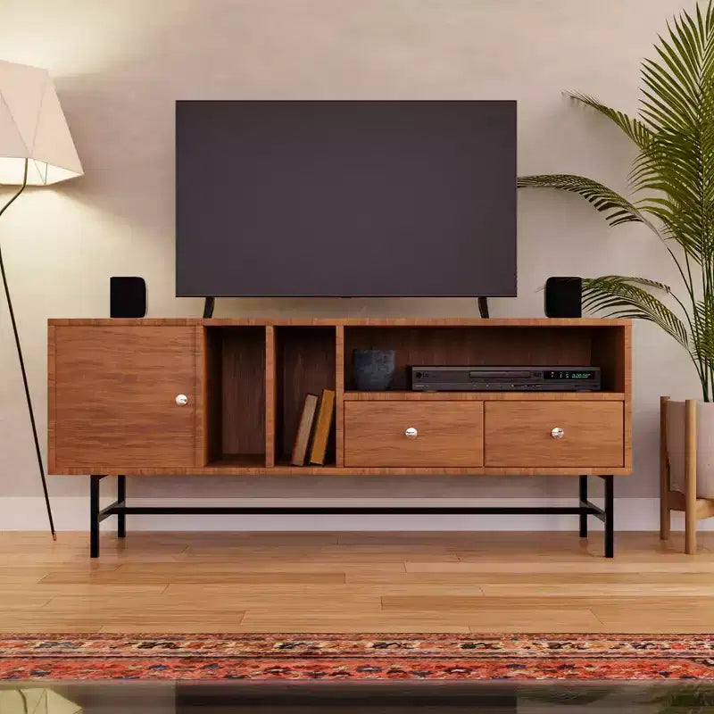 LeisureMod Rochester TV Stand with Wood Frame, Enclosed Storage, and Black Iron Legs  Media Console, Living Room, Modern Entertainment Center