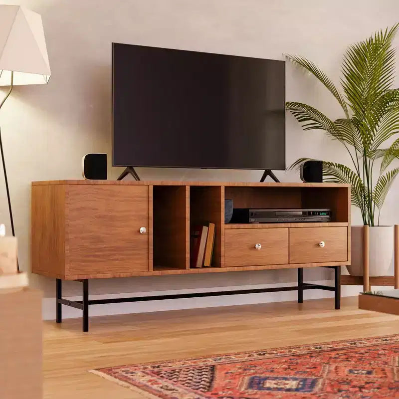 LeisureMod Rochester TV Stand with Wood Frame, Enclosed Storage, and Black Iron Legs  Media Console, Living Room, Modern Entertainment Center