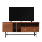 LeisureMod Rochester TV Stand with Wood Frame, Enclosed Storage, and Black Iron Legs  Media Console, Living Room, Modern Entertainment Center