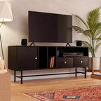 LeisureMod Rochester TV Stand with Wood Frame, Enclosed Storage, and Black Iron Legs  Media Console, Living Room, Modern Entertainment Center