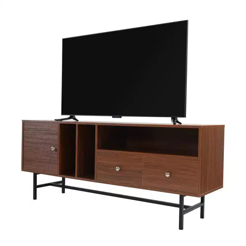 LeisureMod Rochester TV Stand with Wood Frame, Enclosed Storage, and Black Iron Legs  Media Console, Living Room, Modern Entertainment Center
