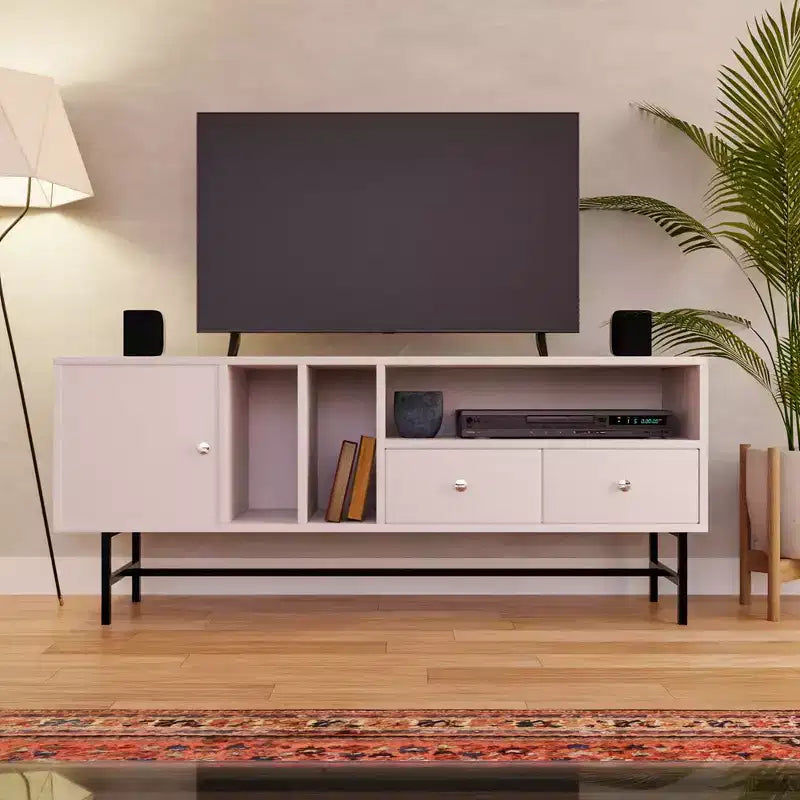 LeisureMod Rochester TV Stand with Wood Frame, Enclosed Storage, and Black Iron Legs  Media Console, Living Room, Modern Entertainment Center