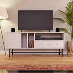 LeisureMod Rochester TV Stand with Wood Frame, Enclosed Storage, and Black Iron Legs  Media Console, Living Room, Modern Entertainment Center