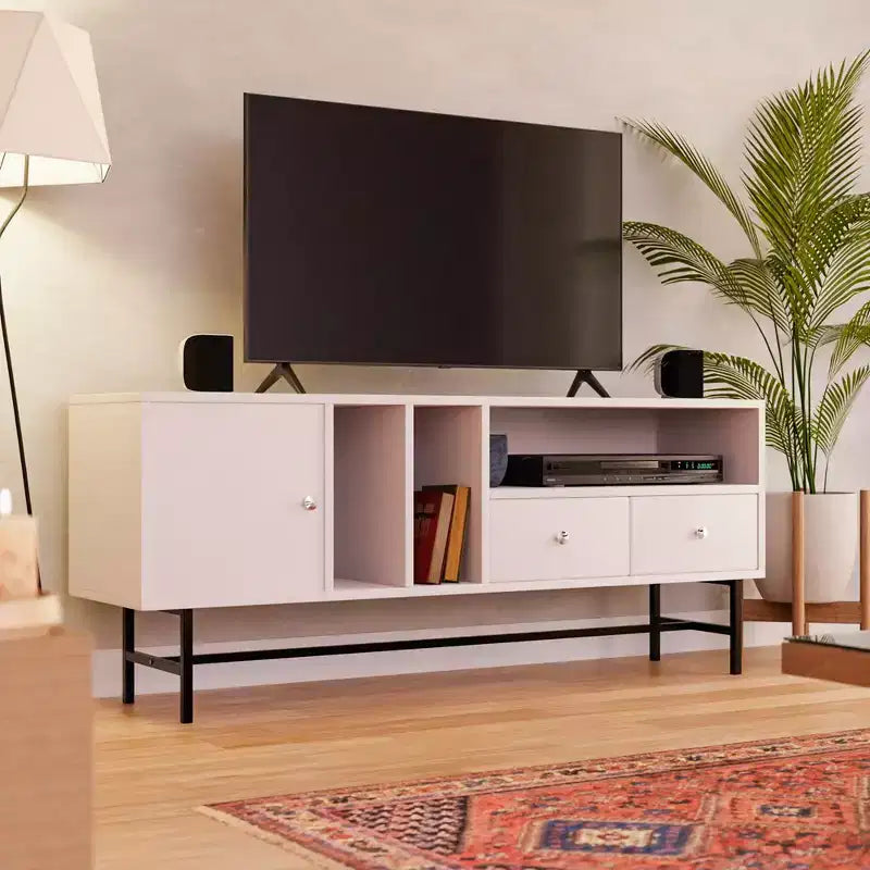 LeisureMod Rochester TV Stand with Wood Frame, Enclosed Storage, and Black Iron Legs  Media Console, Living Room, Modern Entertainment Center