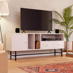 LeisureMod Rochester TV Stand with Wood Frame, Enclosed Storage, and Black Iron Legs  Media Console, Living Room, Modern Entertainment Center