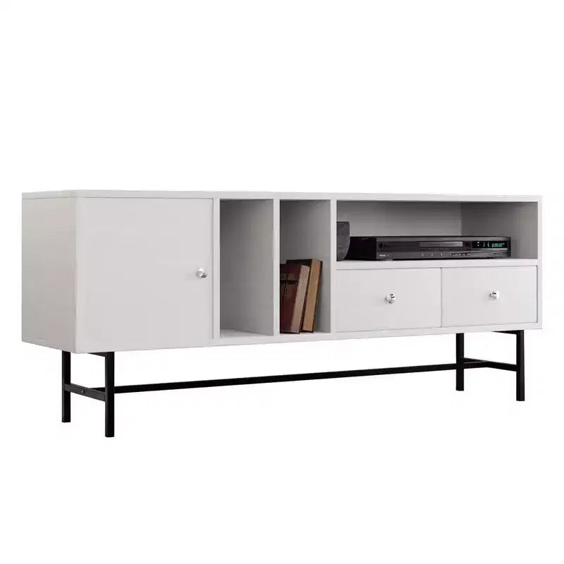 LeisureMod Rochester TV Stand with Wood Frame, Enclosed Storage, and Black Iron Legs  Media Console, Living Room, Modern Entertainment Center