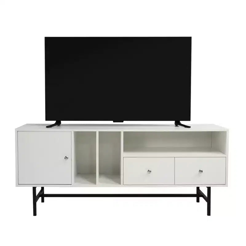 LeisureMod Rochester TV Stand with Wood Frame, Enclosed Storage, and Black Iron Legs  Media Console, Living Room, Modern Entertainment Center