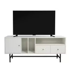 LeisureMod Rochester TV Stand with Wood Frame, Enclosed Storage, and Black Iron Legs  Media Console, Living Room, Modern Entertainment Center
