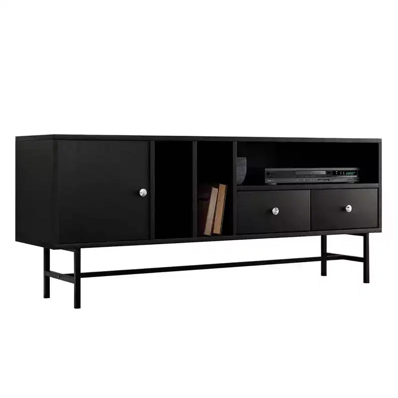 LeisureMod Rochester TV Stand with Wood Frame, Enclosed Storage, and Black Iron Legs  Media Console, Living Room, Modern Entertainment Center