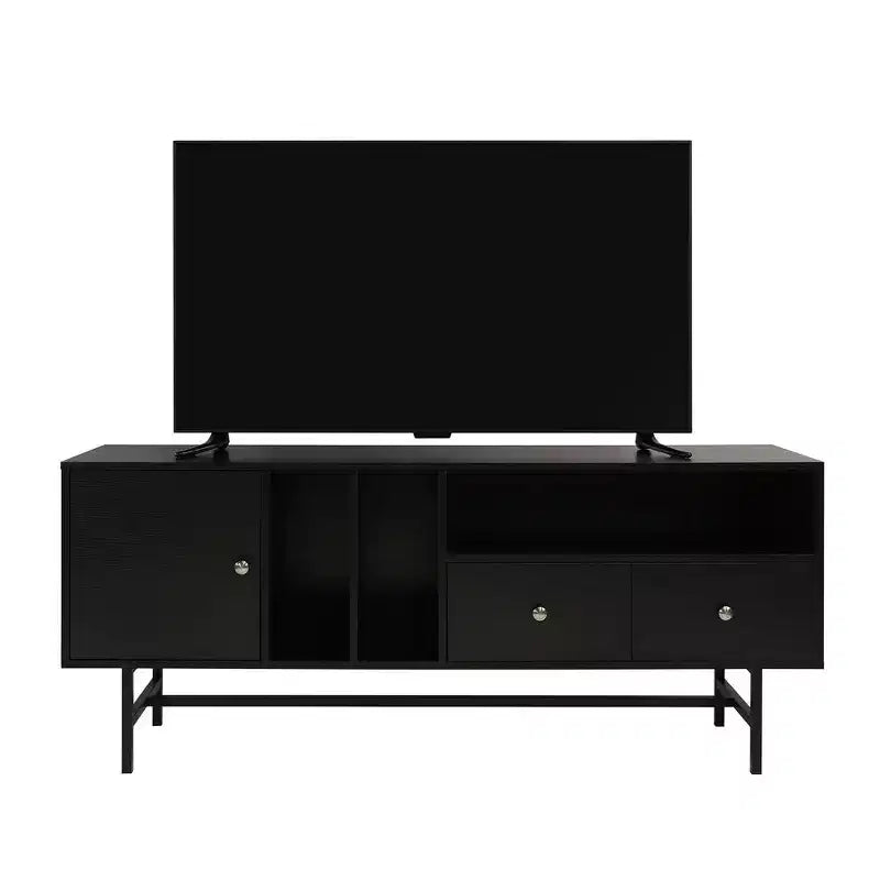 LeisureMod Rochester TV Stand with Wood Frame, Enclosed Storage, and Black Iron Legs  Media Console, Living Room, Modern Entertainment Center