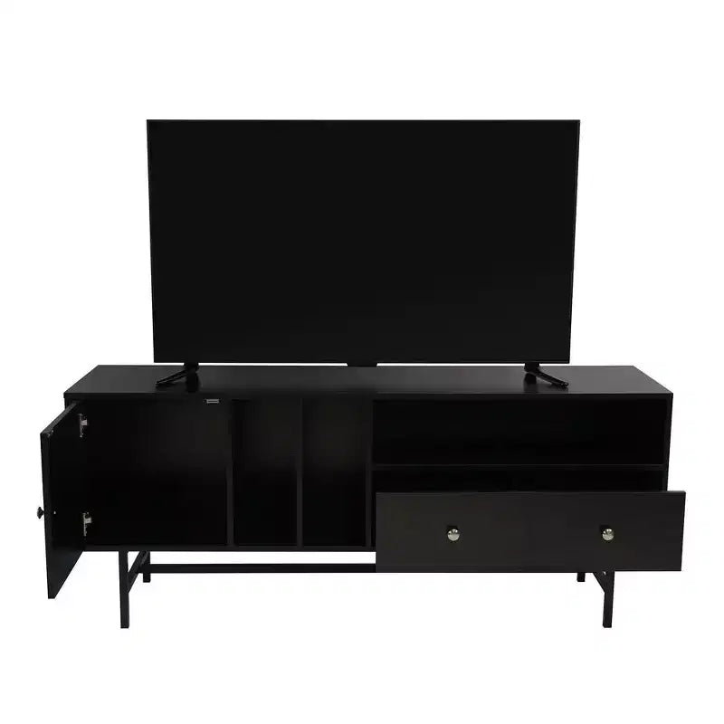 LeisureMod Rochester TV Stand with Wood Frame, Enclosed Storage, and Black Iron Legs  Media Console, Living Room, Modern Entertainment Center