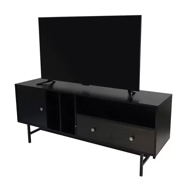 LeisureMod Rochester TV Stand with Wood Frame, Enclosed Storage, and Black Iron Legs  Media Console, Living Room, Modern Entertainment Center