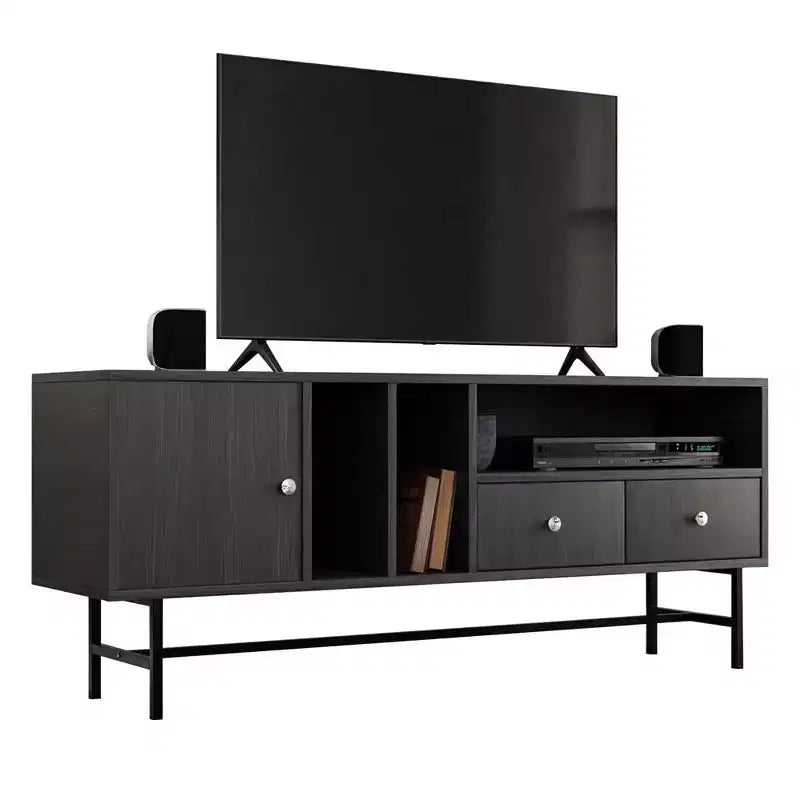 LeisureMod Rochester TV Stand with Wood Frame, Enclosed Storage, and Black Iron Legs  Media Console, Living Room, Modern Entertainment Center