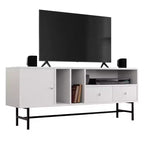 LeisureMod Rochester TV Stand with Wood Frame, Enclosed Storage, and Black Iron Legs  Media Console, Living Room, Modern Entertainment Center