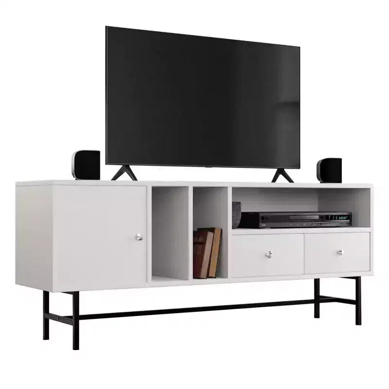 LeisureMod Rochester TV Stand with Wood Frame, Enclosed Storage, and Black Iron Legs  Media Console, Living Room, Modern Entertainment Center