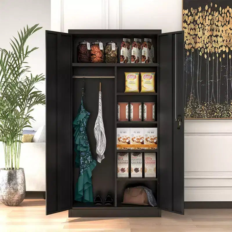 AOBABO Large Metal Wardrobe Style Storage Cabinet with 3 Adjustable Shelves, Cloth Rail, and Lockable Doors for Home Organization