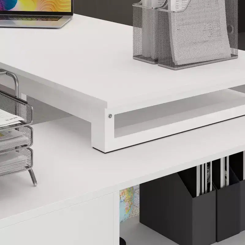 Famapy White Rotatable L-Shaped Computer Desk With Storage Drawers and Shelves