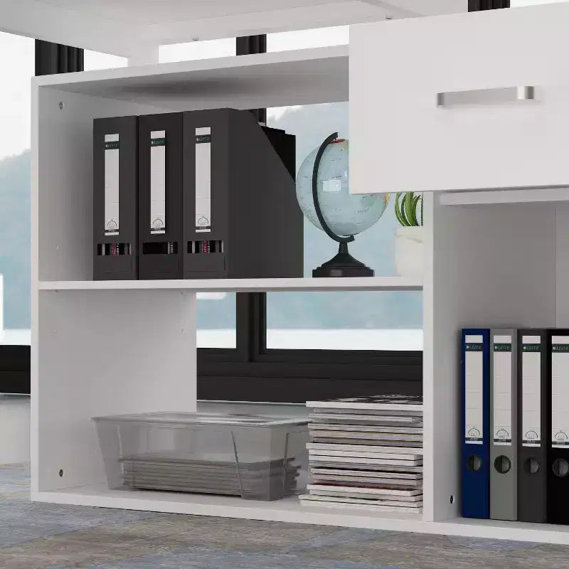 Famapy White Rotatable L-Shaped Computer Desk With Storage Drawers and Shelves