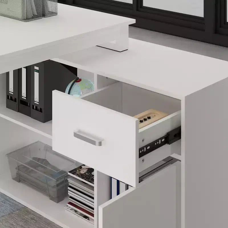 Famapy White Rotatable L-Shaped Computer Desk With Storage Drawers and Shelves