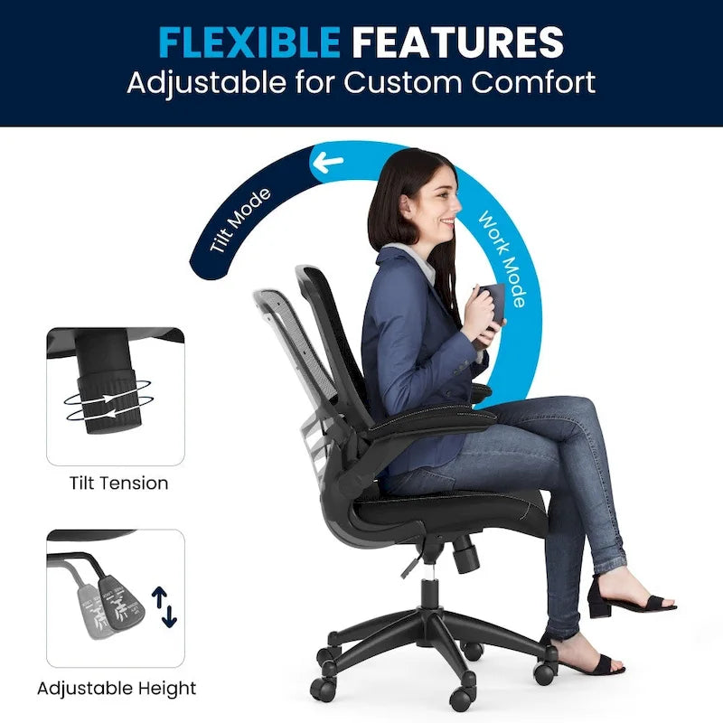 Sedia da ufficio ergonomica girevole in rete a schienale medio con braccioli ribaltabili