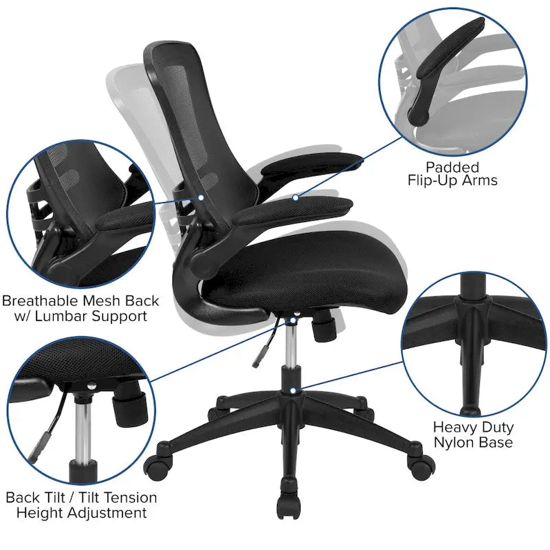 Sedia da ufficio ergonomica girevole in rete a schienale medio con braccioli ribaltabili