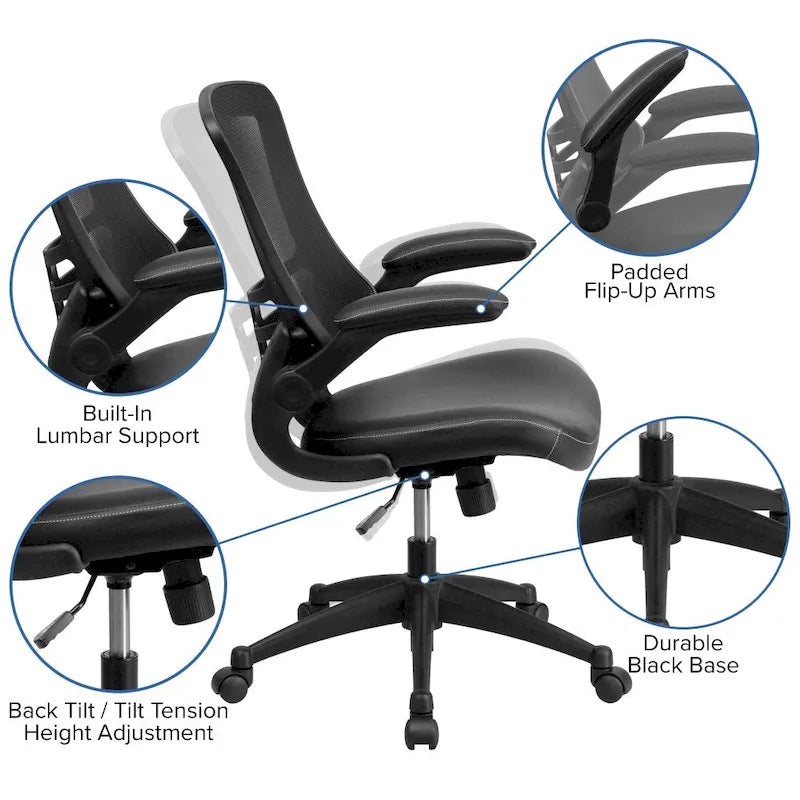 Sedia da ufficio ergonomica girevole in rete a schienale medio con braccioli ribaltabili