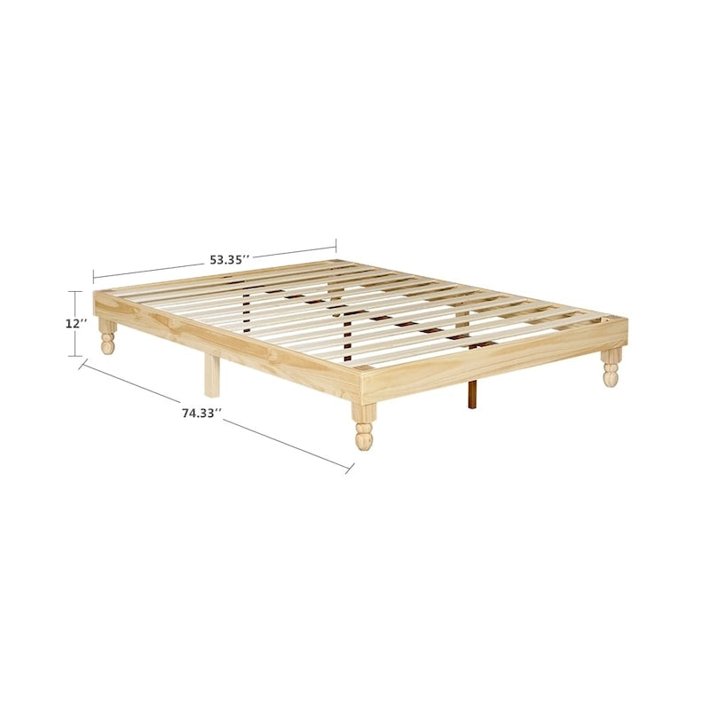 Giroletto a Piattaforma in Legno Massello di Pino da 12" con Gambe a Zucca e 12 Doghe, Finitura Naturale, Facile Montaggio