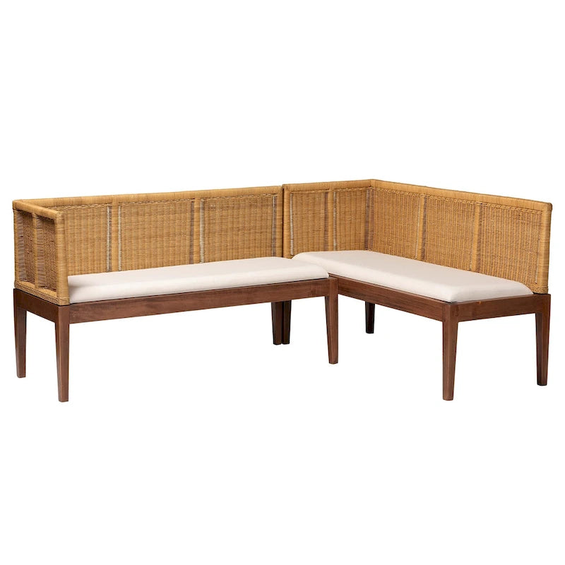 Set Panca Angolare da Pranzo 2 Pezzi in Rattan Marrone Naturale e Legno di Acacia Marrone, Stile Bohémien Moderno Tabanan
