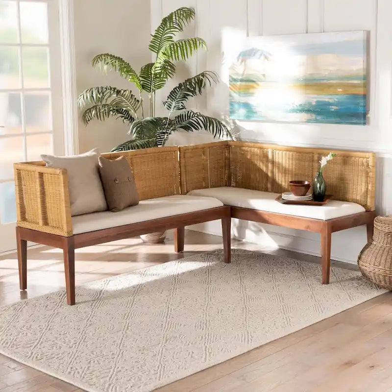 Set Panca Angolare da Pranzo 2 Pezzi in Rattan Marrone Naturale e Legno di Acacia Marrone, Stile Bohémien Moderno Tabanan