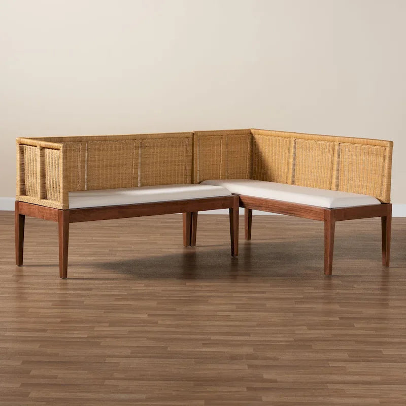 Set Panca Angolare da Pranzo 2 Pezzi in Rattan Marrone Naturale e Legno di Acacia Marrone, Stile Bohémien Moderno Tabanan