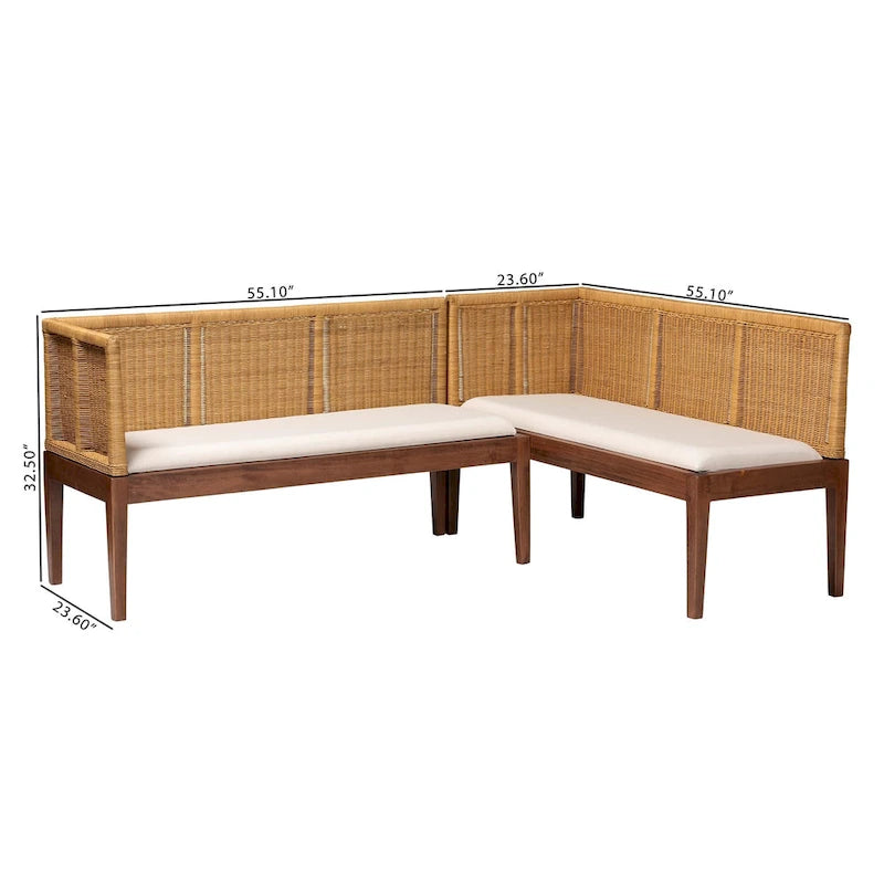 Set Panca Angolare da Pranzo 2 Pezzi in Rattan Marrone Naturale e Legno di Acacia Marrone, Stile Bohémien Moderno Tabanan