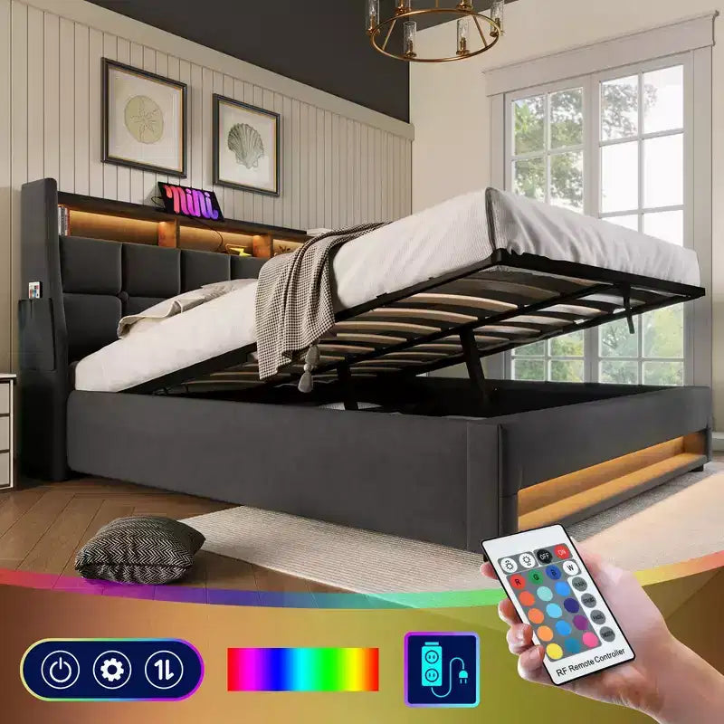 Queen Size Bed Frame with Hydraulic Storage,Upholstered Headboard,RGB LED Light and USB Charging