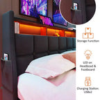 Queen Size Bed Frame with Hydraulic Storage,Upholstered Headboard,RGB LED Light and USB Charging