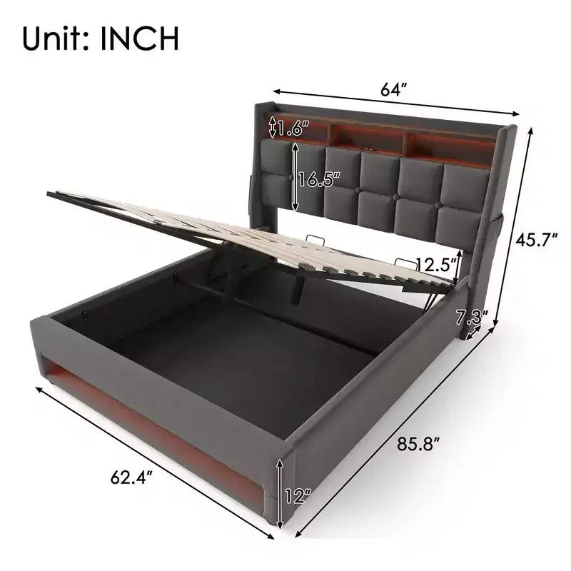 Queen Size Bed Frame with Hydraulic Storage,Upholstered Headboard,RGB LED Light and USB Charging
