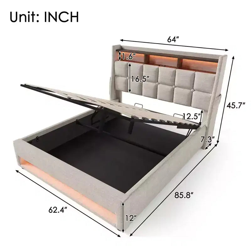 Queen Size Bed Frame with Hydraulic Storage,Upholstered Headboard,RGB LED Light and USB Charging