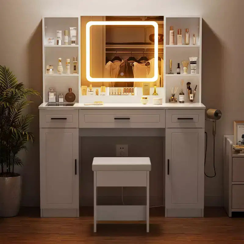 Hommpa Makeup Desk Vanity with Charging Station and Storage Shelves White Two Cabinet