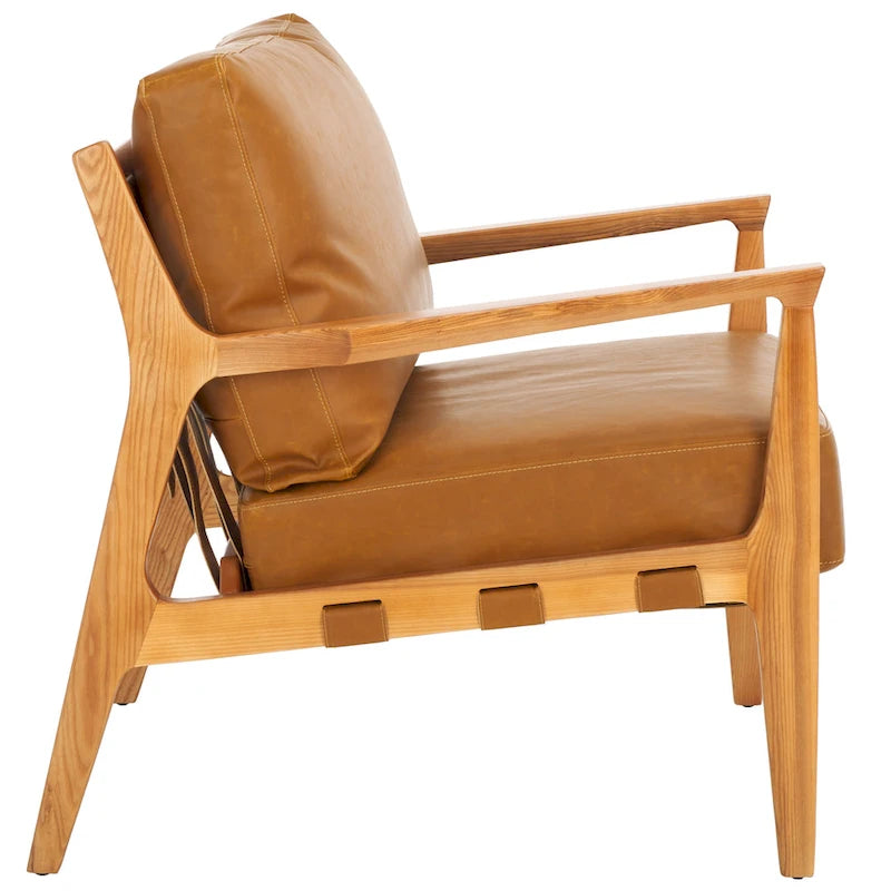 Poltrona d'Appoggio in Legno Massello di Frassino con Cuscino Imbottito, Struttura Reclinabile, Tessuto Antimacchia Marrone Caramello