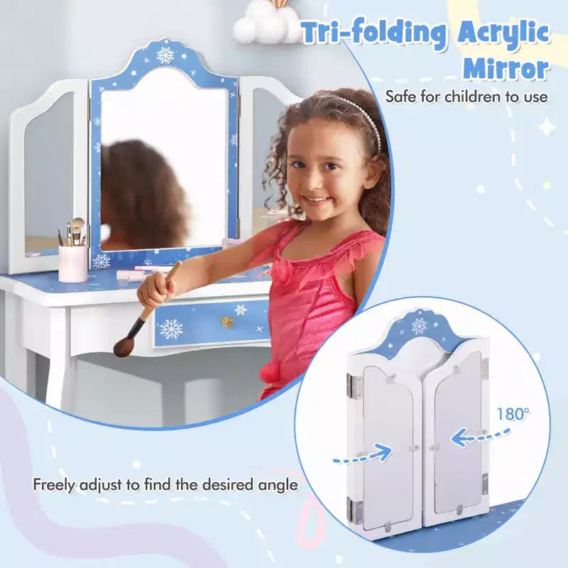 Costway Kids Vanity Table & Stool Set with Cute Polka Dot Print Tri-folding Mirror Drawer Pink&White/Light Pink&White/Pink&Black/Blue/Pink