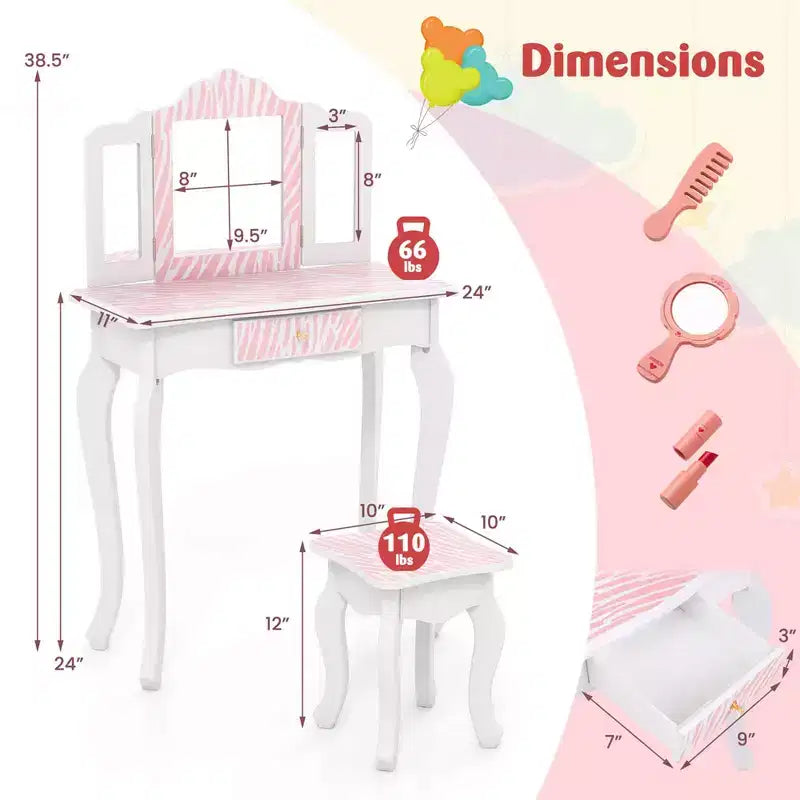 Costway Kids Vanity Table & Stool Set with Cute Polka Dot Print Tri-folding Mirror Drawer Pink&White/Light Pink&White/Pink&Black/Blue/Pink