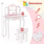 Costway Kids Vanity Table & Stool Set with Cute Polka Dot Print Tri-folding Mirror Drawer Pink&White/Light Pink&White/Pink&Black/Blue/Pink