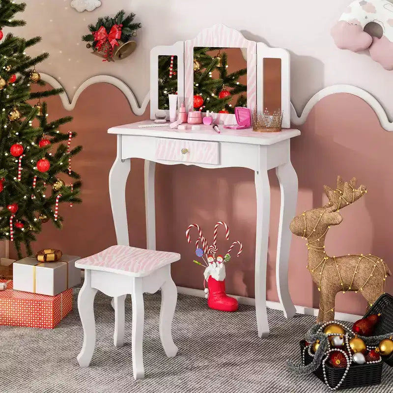 Costway Kids Vanity Table & Stool Set with Cute Polka Dot Print Tri-folding Mirror Drawer Pink&White/Light Pink&White/Pink&Black/Blue/Pink