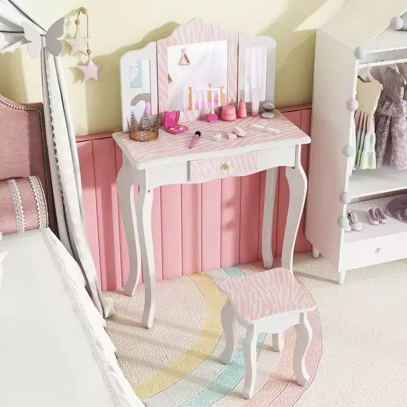 Costway Kids Vanity Table & Stool Set with Cute Polka Dot Print Tri-folding Mirror Drawer Pink&White/Light Pink&White/Pink&Black/Blue/Pink